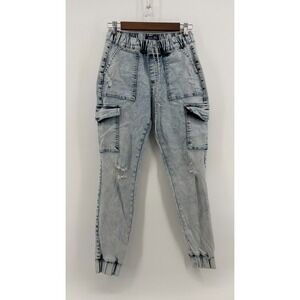Wax‎ Jean Joggers Womens Blue Distressed Cargo Pockets Tapered Leg Streetwear S